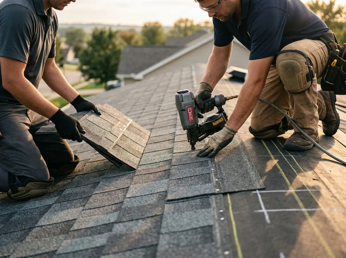 Professional roofer working on a residential roof in Sterling